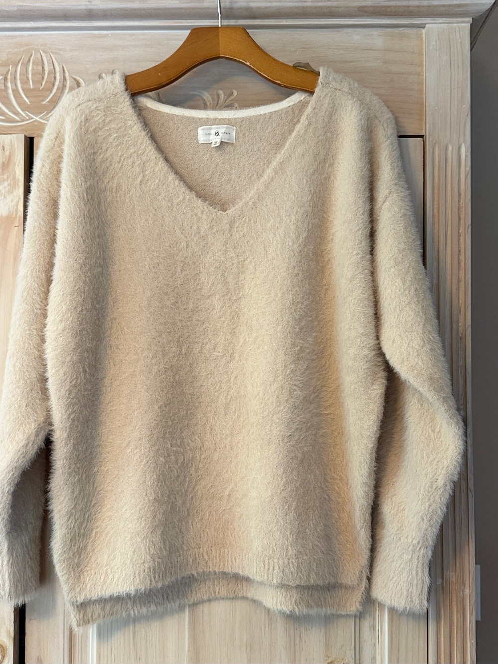 Lou and Grey Cozy V-Neck Fuzzy Sweater in Cream